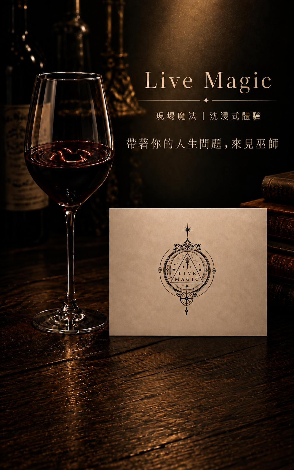 Live Magic 現場魔法｜沉浸式體驗。帶著你的人生問題，來見巫師。一場探索人生的故事魔法。酒杯旁放著邀請卡